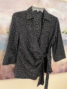 Express Black and Gray Leopard Print Wrap Blouse